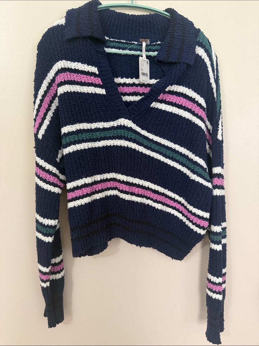 Free People Navy V-Neck Collared Striped Sweater